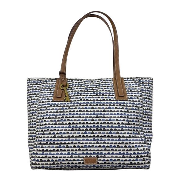 Fossil Emma Purse Coated Canvas Shoulder Tote Bag Blue Black White Print Key Fob - Picture 1 of 12